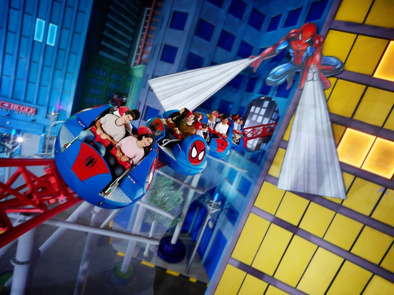 Guests on the Spider-Man themed ride at IMG Worlds of Adventure